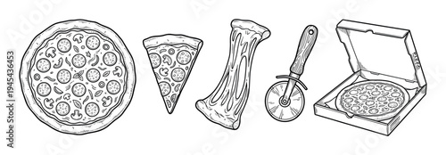 Hand-drawn pizza illustration set in a vintage engraving style showing a whole pie, a slice with a cheese pull, a cutter, and a pizza in a delivery box