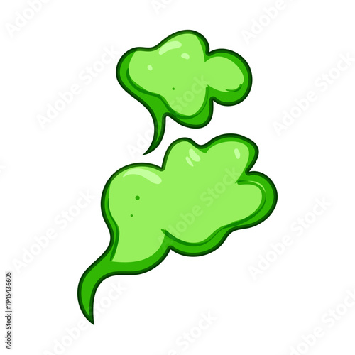 Green cartoon style fumes symbolizing toxic gas, bad smell or chemical vapor, illustrating air pollution, emission hazard, unpleasant odor and environmental health problem
