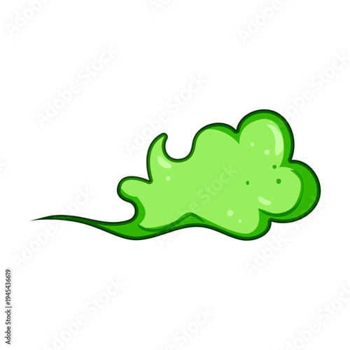 Green cartoon cloud producing a trail of smoke, representing a noxious emission, unpleasant smell, poison gas, or a danger warning signal, isolated on a white background
