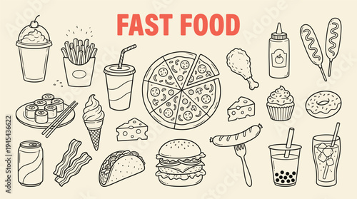 A variety of fast food items including pizza, burger, fries, and drinks, illustrated in a simple line drawing style on a beige background with red text.