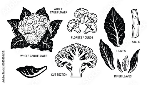 Cauliflower vegetable anatomy showing whole head florets and leaves vector element