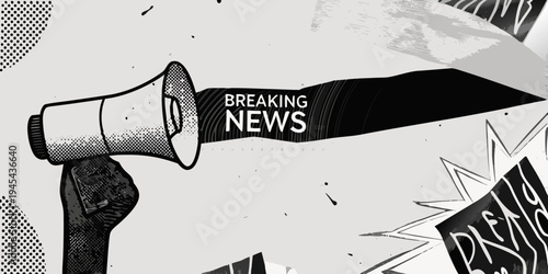 A vintage style megaphone announces breaking news in a graphic design