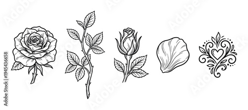 Set of black line art rose illustrations including a flower, bud, stem, petal, and decorative heart ornament in a hand-drawn tattoo style for design elements
