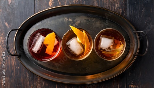 Three classic cocktails with ice and orange peels on a rustic metal tray, top view.