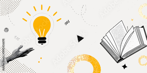 An open book and a glowing lightbulb symbolize knowledge and innovation