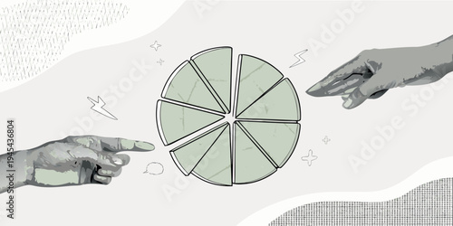Abstract illustration of a divided circle with reaching hands and sparks
