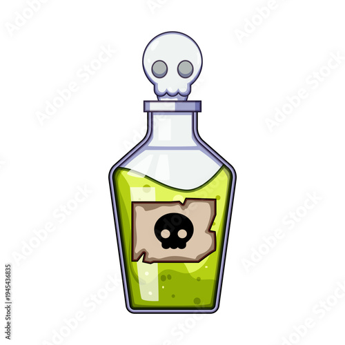 Green potion bottle featuring a skull stopper and a skull warning label, representing danger, toxicity, and various chemical or magical concepts in a cartoon illustration style