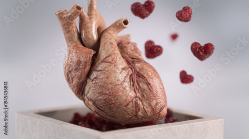 Fascinating anatomical human heart floats inside white box with small red shapes flying around showing deep emotion and true love