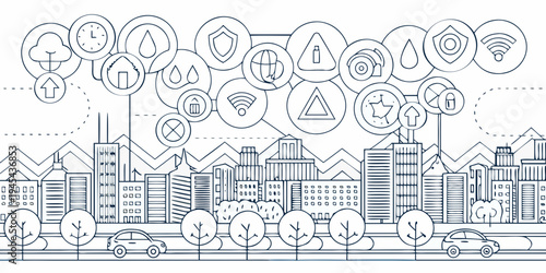 Smart city concept with interconnected icons above a cityscape