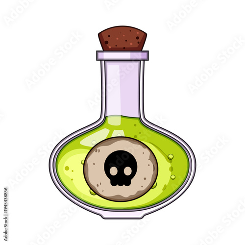 Green liquid potion bottle with a cork stopper and a skull symbol warning label, representing concepts of danger, toxicity, magic, and halloween in an illustrated cartoon style