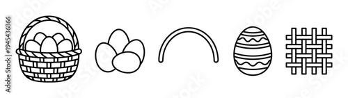 Black and white Easter themed icon set featuring a wicker basket with eggs, a decorated egg, an arch, and a weave pattern in a clean minimalist line art style