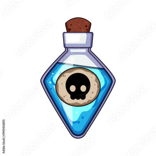 Glass bottle containing a blue liquid with a cork stopper and a black skull warning symbol, representing danger, magic, fantasy, or a game item for an adventure