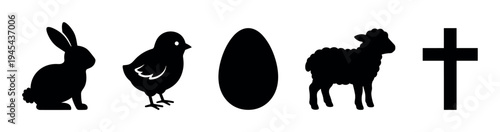 Black silhouette Easter symbols including a bunny, chick, egg, lamb, and cross arranged in a row for the religious spring holiday celebration, a minimalist graphic icon set