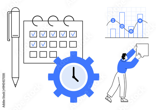 Time management concept. Time management illustrated with calendar, clock gear, and charts. Time management helps boost productivity and efficiency. For workflow, business planning, personal