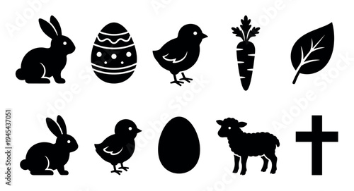 Set of black silhouette Easter icons including a bunny, chick, decorated egg, lamb, carrot, and religious cross, representing spring and holiday traditions