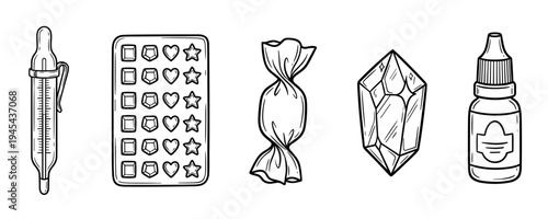 Hand-drawn set of black and white icons featuring a thermometer, blister pack, candy, crystal, and dropper bottle in a simple doodle style illustration
