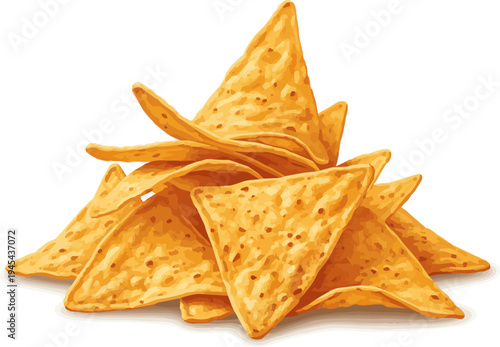 Isolated a realistic Pile of golden yellow corn tortilla chips  crunchy snack for dipping and parties vector art with white background..