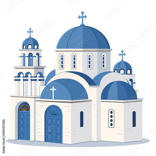 Traditional Greek Orthodox Church with Blue Domes in Cycladic Style. A clean vector illustration of a traditional Greek Orthodox church featuring iconic whitewashed walls, blue domes, arched windows 