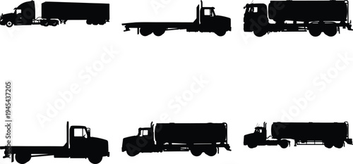 Compilation of black silhouette semi-trucks and trailers, including flatbeds and tankers, isolated on white for commercial transport and logistics.