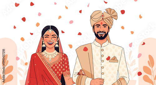 Indian bride and groom walking together after wedding ceremony romantic marriage celebration vector illustration