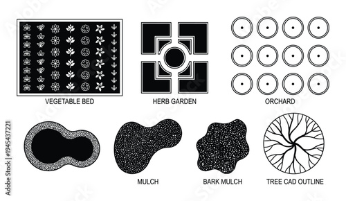 Collection of garden design elements with vegetable bed herb garden orchard and decorative plants vector graphic