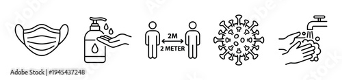 Set of black line art icons for pandemic prevention including a face mask, hand sanitizer, social distancing, virus, and washing hands for public health safety