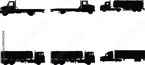 Variety of black silhouette truck designs, including flatbeds and tankers, isolated on white, representing freight, delivery, and transportation services.