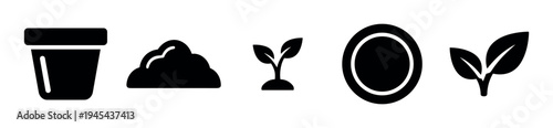 Set of five black gardening icons showing a plant pot, soil, and sprout growth stages in a simple glyph style for agricultural or environmental concepts