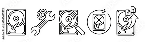 Set of black line art icons for hard drive data management, illustrating repair, recovery, backup, and diagnostic symbols with a wrench, gear, and magnifying glass