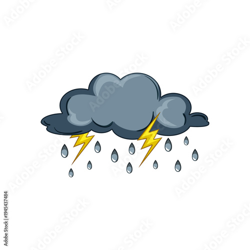 Dark storm cloud presenting rain drops and yellow lightning bolts, symbolizing bad weather, natural environmental events, climate conditions, and potential dangers
