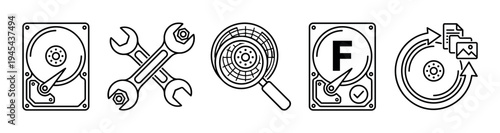 Set of black line art icons for hard drive maintenance, data recovery, disk formatting, and storage repair concepts in a clean, minimalist vector style