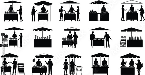 Farmers market stall silhouette set, people buying fresh vegetables and fruit, street food vendor icons, local marketplace commerce vector graphics, black.