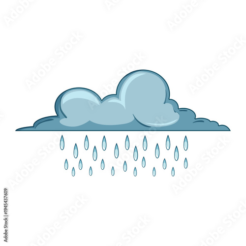 Cartoon drawing showing a gray cloud with raindrops falling, symbolizing a weather forecast for rain or a general concept of precipitation and changing climate conditions