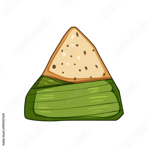 Zongzi, a traditional chinese glutinous rice dumpling, is presented with a pyramid like shape, partially wrapped in green bamboo leaves, representing cultural heritage and festive celebration