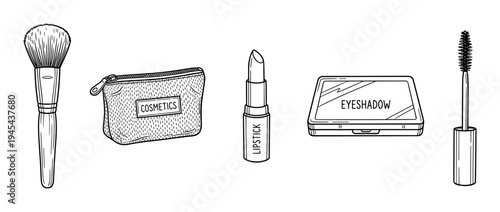 Hand-drawn set of black and white cosmetic items including a brush, bag, lipstick, eyeshadow, and mascara in a simple doodle style illustration