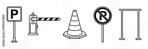 Parking and traffic control line art icons showing a boom barrier, cone, and signs for vehicle management and safety regulations, presented as a minimalist black and white graphic set