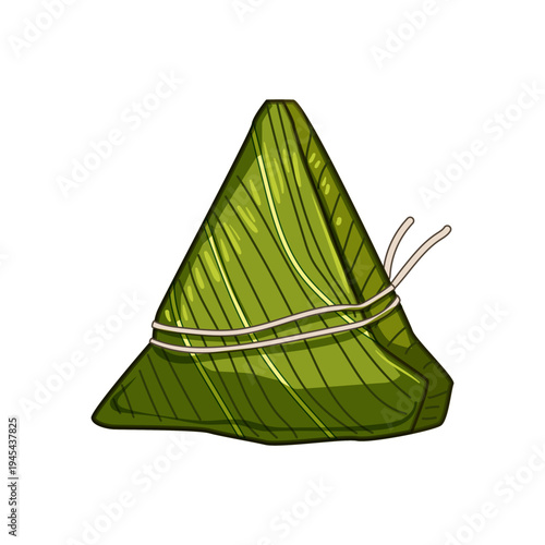 Zongzi, a traditional chinese glutinous rice dumpling, is wrapped in bamboo leaves and tied with string, representing cultural celebrations and festive meals