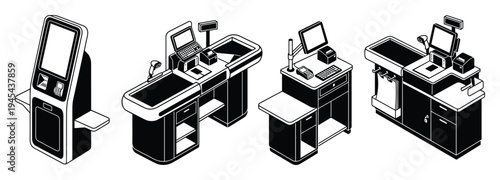 Self checkout kiosk and cashier counter set retail technology modern shopping equipment