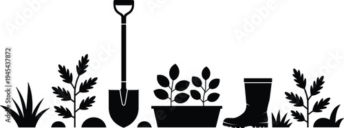 Gardening tool silhouette set with shovel, rubber boot, potted plants, grass, soil, backyard landscaping icons, spring garden vector, agriculture equipment graphics.