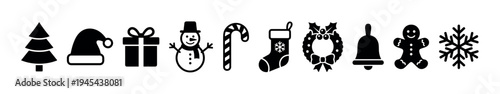 Set of black Christmas holiday icons including a tree, Santa hat, gift, snowman, candy cane, stocking, wreath, bell, gingerbread man, and snowflake in a minimalist graphic style