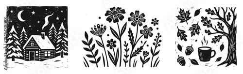 Set of three black and white rustic illustrations depicting winter cabin, wildflowers, and autumn tree with coffee mug