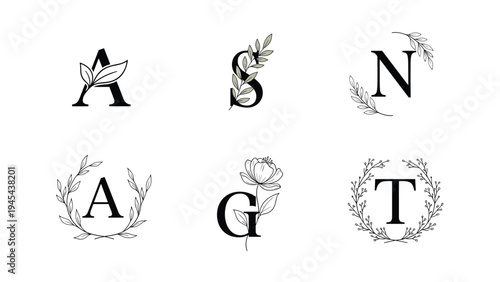 Set of six elegant monograms with letters decorated by delicate botanical illustrations of leaves and flowers in a minimalist style.