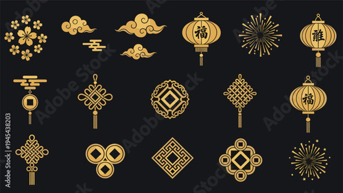 Set of golden Chinese New Year traditional elements like lanterns clouds and decorative knots against a sophisticated dark background.