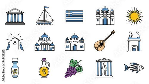 Comprehensive set of colorful icons representing greek culture including the parthenon, national flag, orthodox churches, sun, grapes, and olive oil.