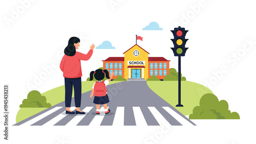 Mother waving goodbye to her young daughter as the girl walks towards the school building across a pedestrian crossing with a traffic light.