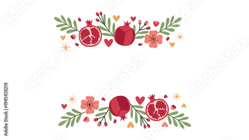 Beautiful horizontal floral borders featuring pomegranates leaves and small hearts in a warm palette for romantic or seasonal designs.