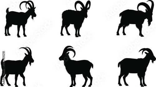 Goat silhouette set, mountain ram vector icons, farm animal shapes, horned ibex silhouettes, livestock wildlife graphics, zodiac capricorn mascot illustrations, black.
