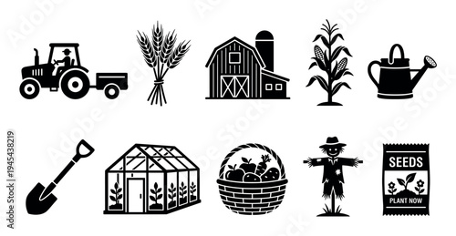 Ten black farming and agriculture glyph icons featuring a tractor, barn, wheat, corn, watering can, shovel, greenhouse, harvest basket, scarecrow, and seed packet