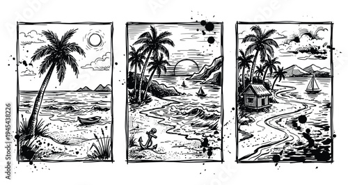 Tropical beach landscape with palm trees and ocean waves in a sketchy hand drawn style