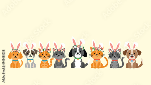 Adorable group of cats and dogs wearing festive bunny ear headbands and flower crowns lined up against a soft yellow background for celebration.
